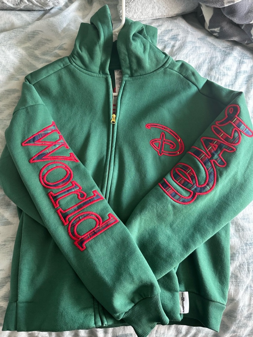 Green Disney World Zip Hoodie with Red Plaid Embroidered Logo